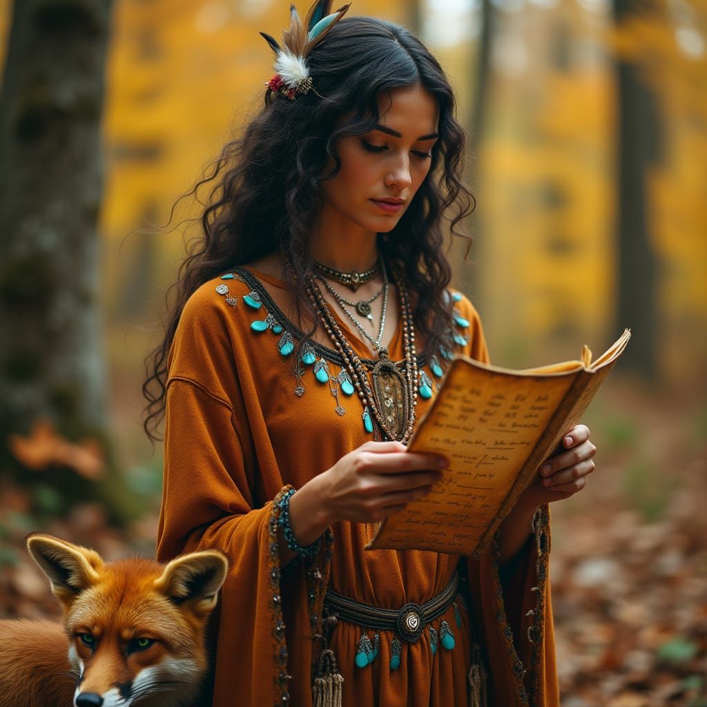 Mystical Cherokee Healer in Autumn Forest