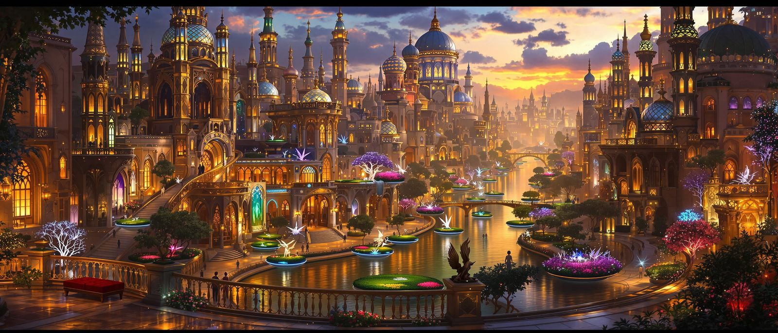 Dreamlike Cityscape with Liquid Gold River at Twilight