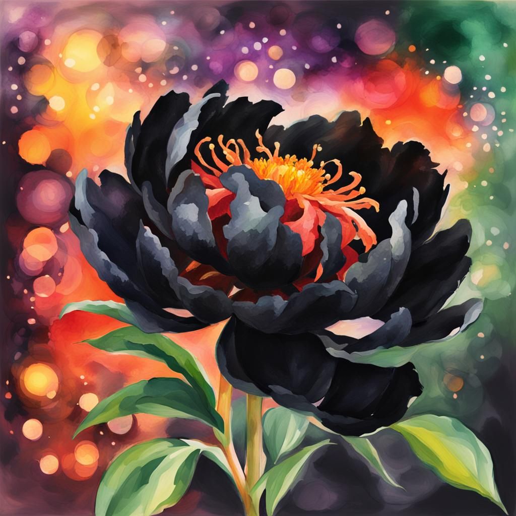 Black Peony Watercolor Painting with Bokeh Background