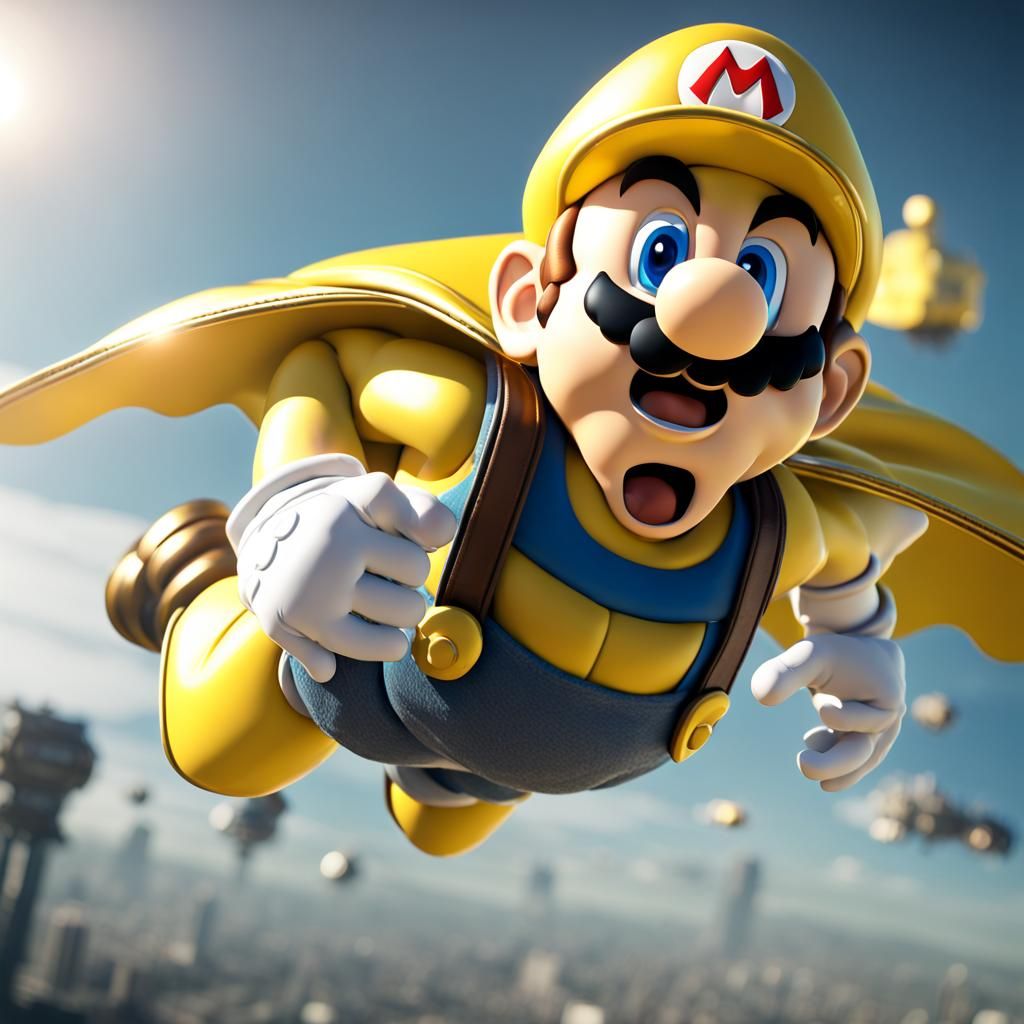 Futuristic Super Mario Soaring with Cape in Mech Style