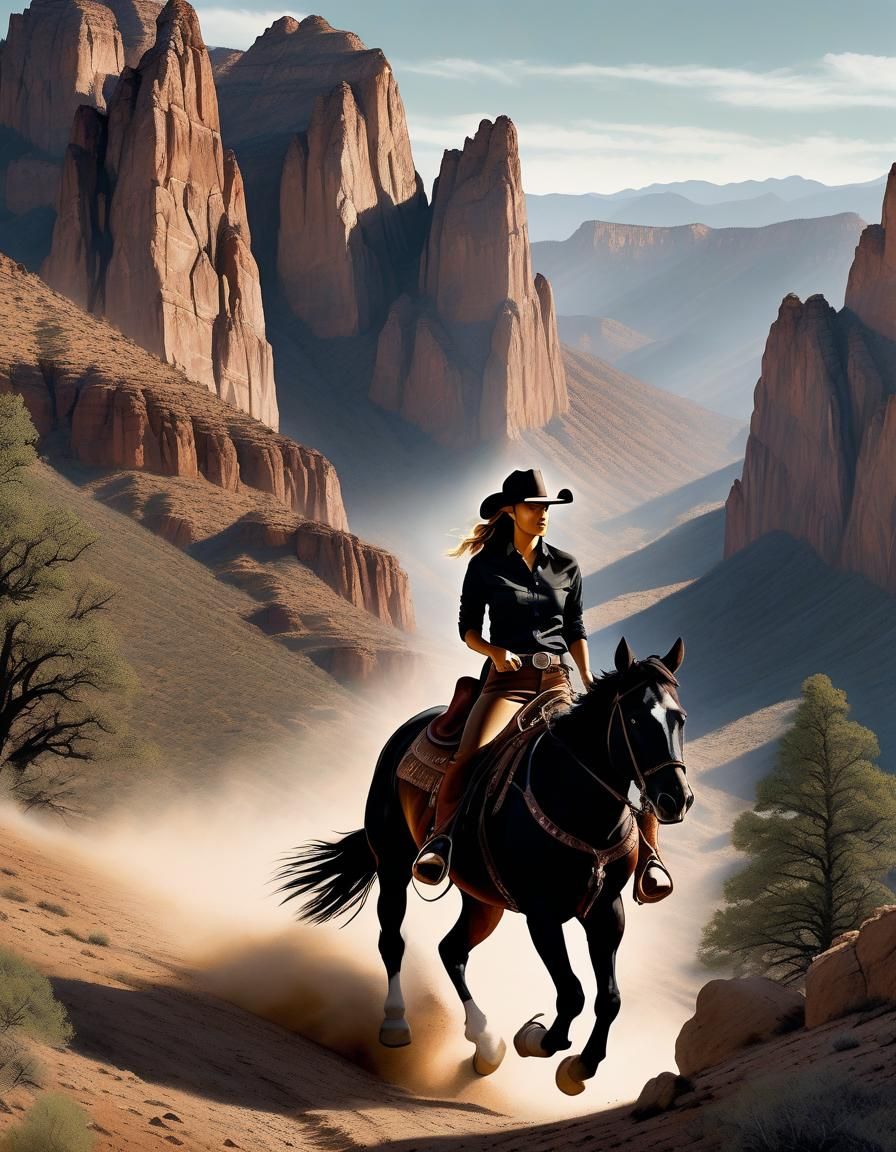 Cowgirl on Horseback: Photorealistic Oil Painting