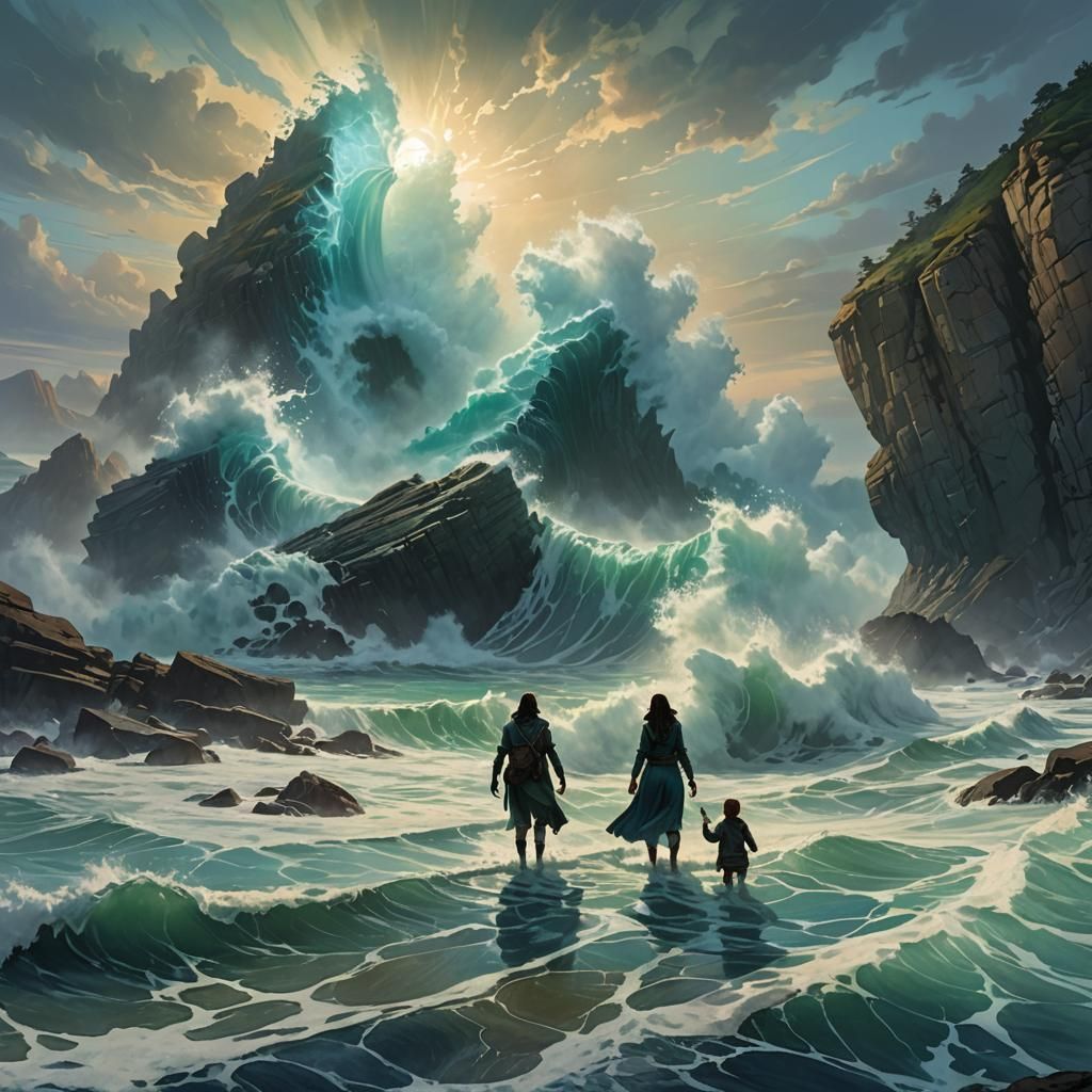 Dramatic Coastal Scene: Family Versus Crashing Wave