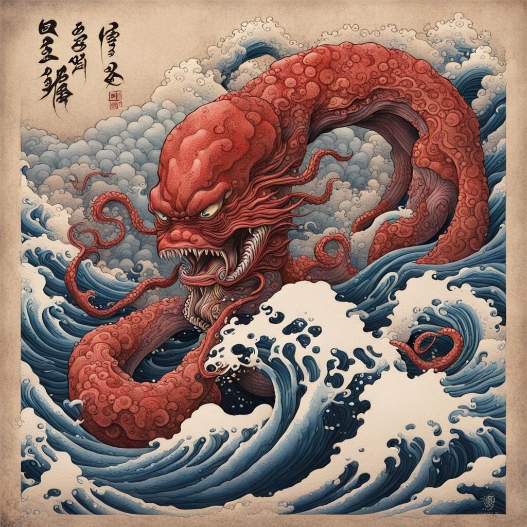 Carnage Kraken in Hokusai Japanese Art Style