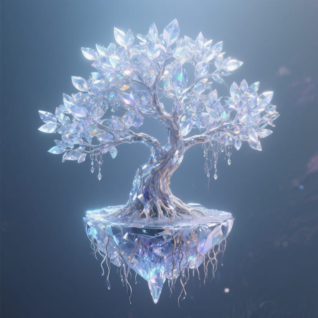Floating Crystal Tree with Glowing Leaves