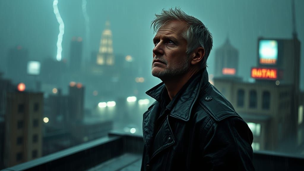 Roy Batty on Rainy Rooftop in Film-Noir Style