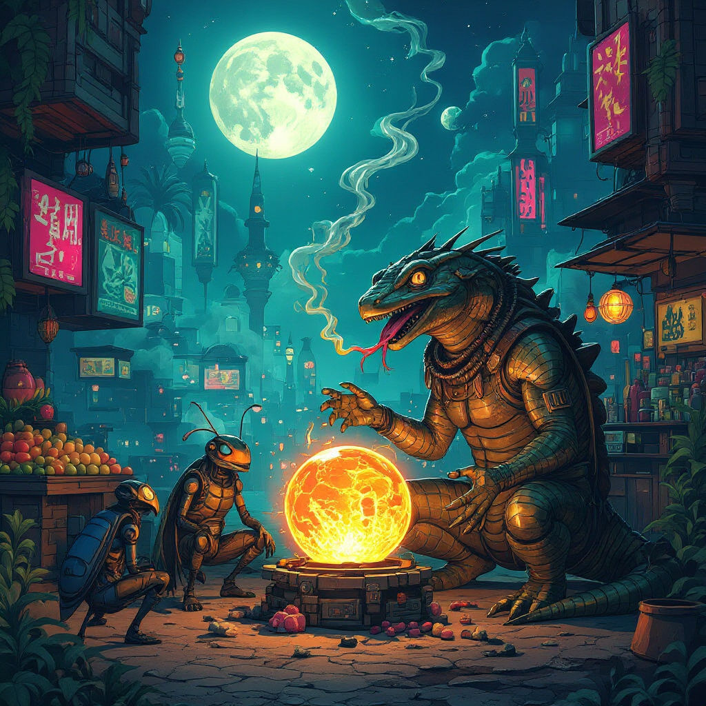 Alien Merchants at Interdimensional Bazaar in Cyberpunk Styl...