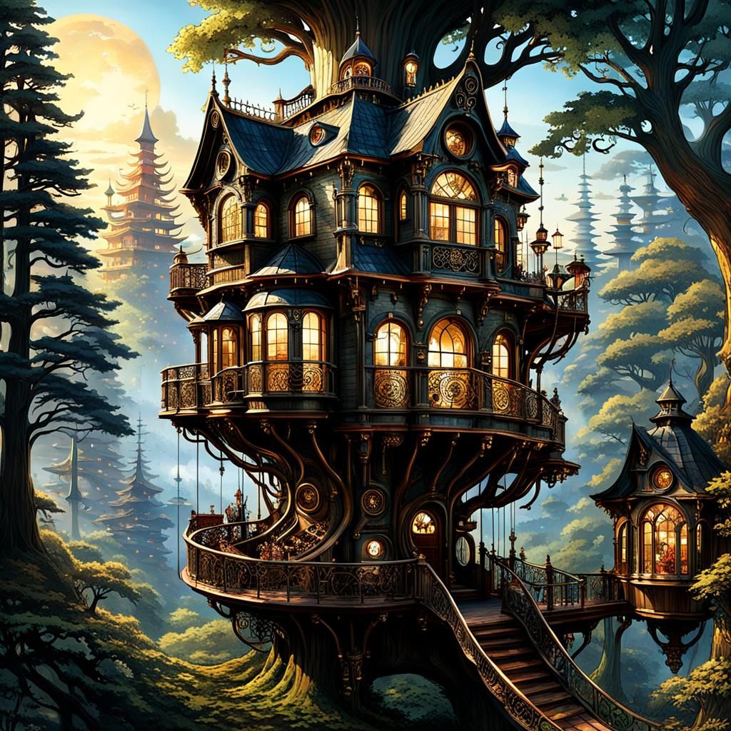 Steampunk Treehouse at Golden Hour in Second Empire Style