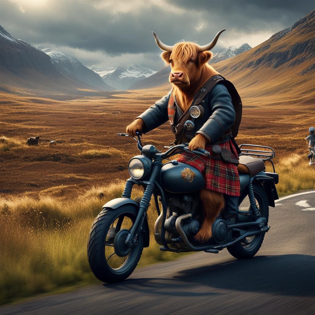 Highland Cow on Motorbike Through Scotland