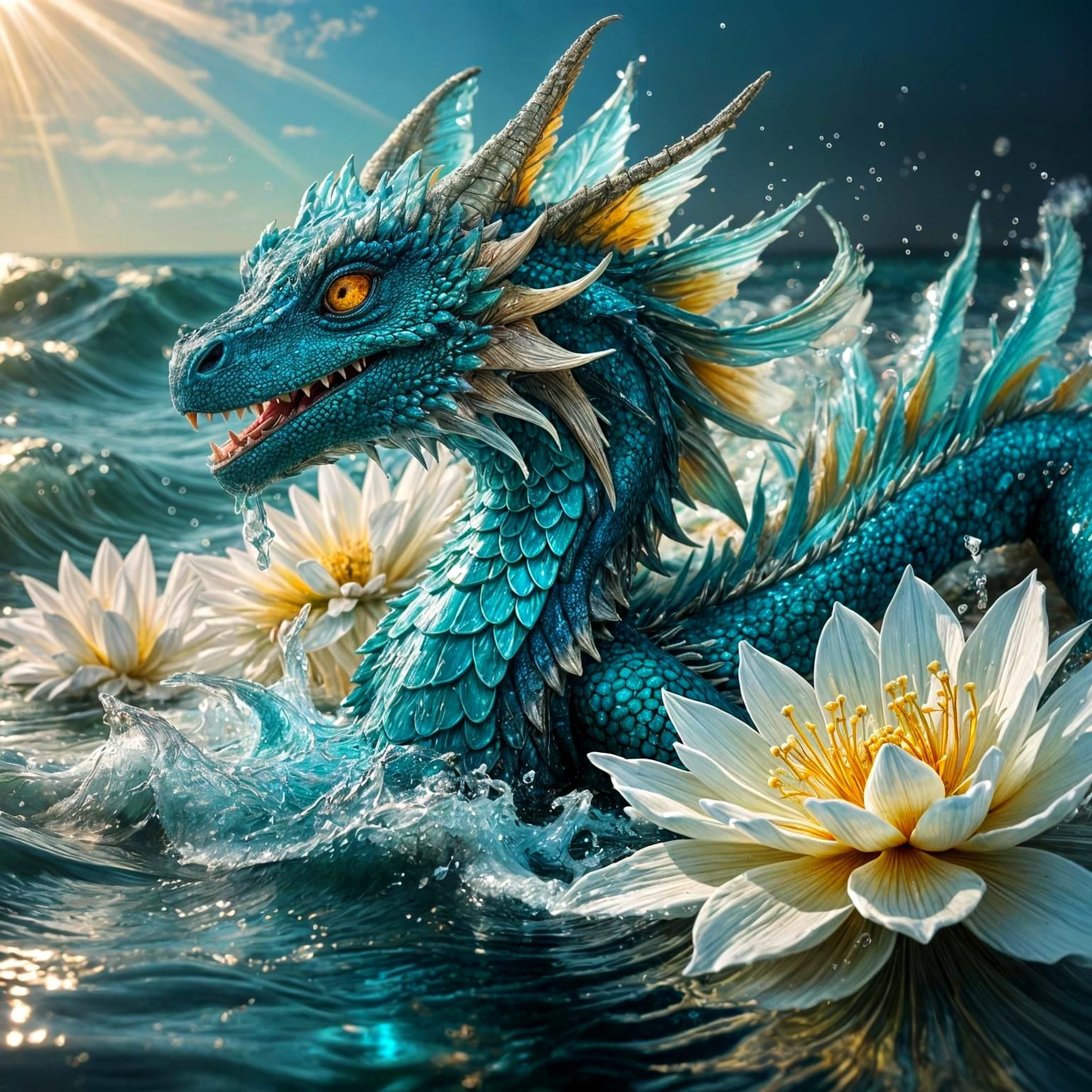 Turquoise Water Dragon Emerging From Ocean Waves