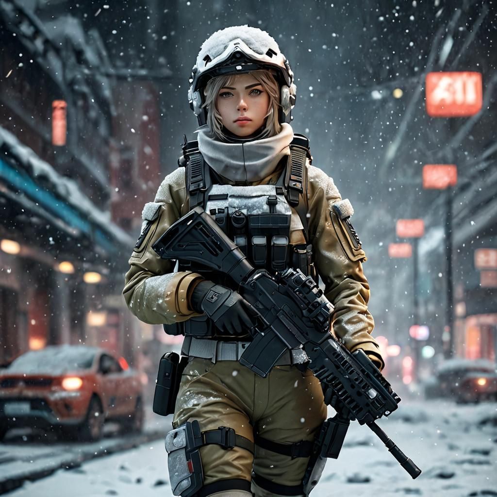 Cyberpunk Anime Warrior Surveys Snowy Battlefield