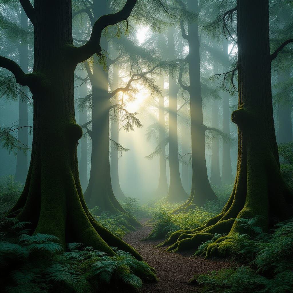 Ancient Forest in Ethereal Fog with Golden Hour Glow