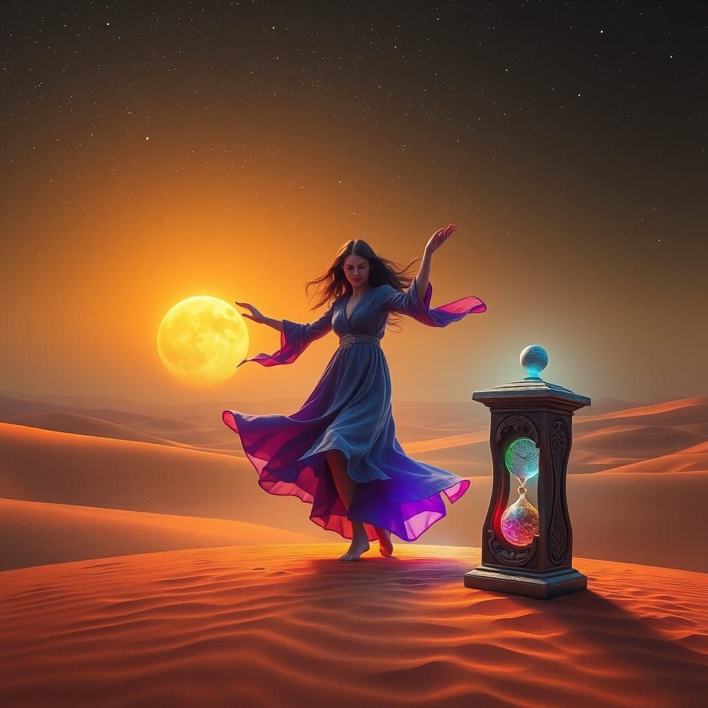 Enigmatic Desert Dancer Under Haunting Meteor Shower