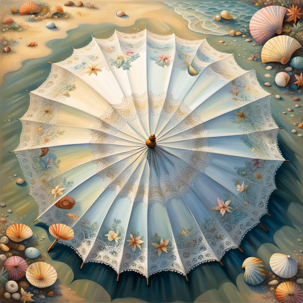 Whimsical Beach Umbrella Scene in Oil Paint Style