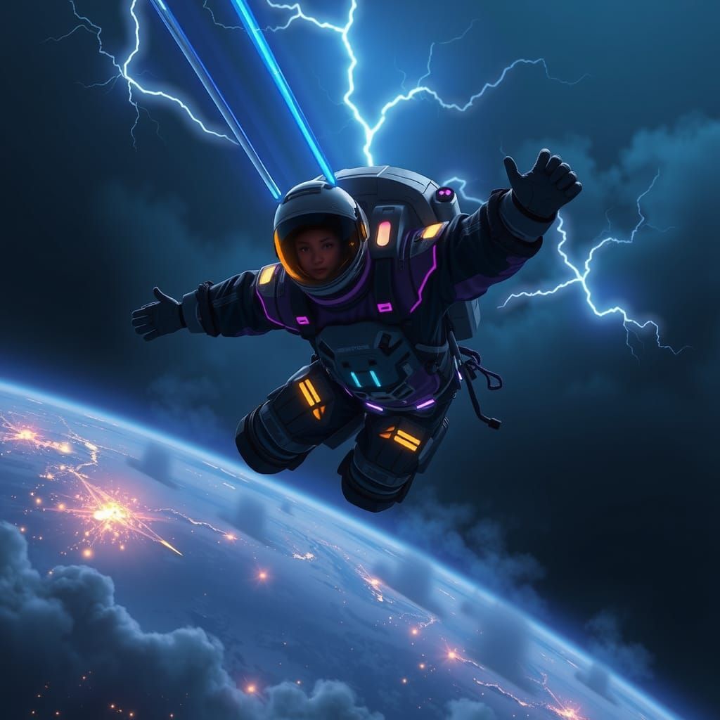 Astronaut Skydiving with Electric Contrails in Storm