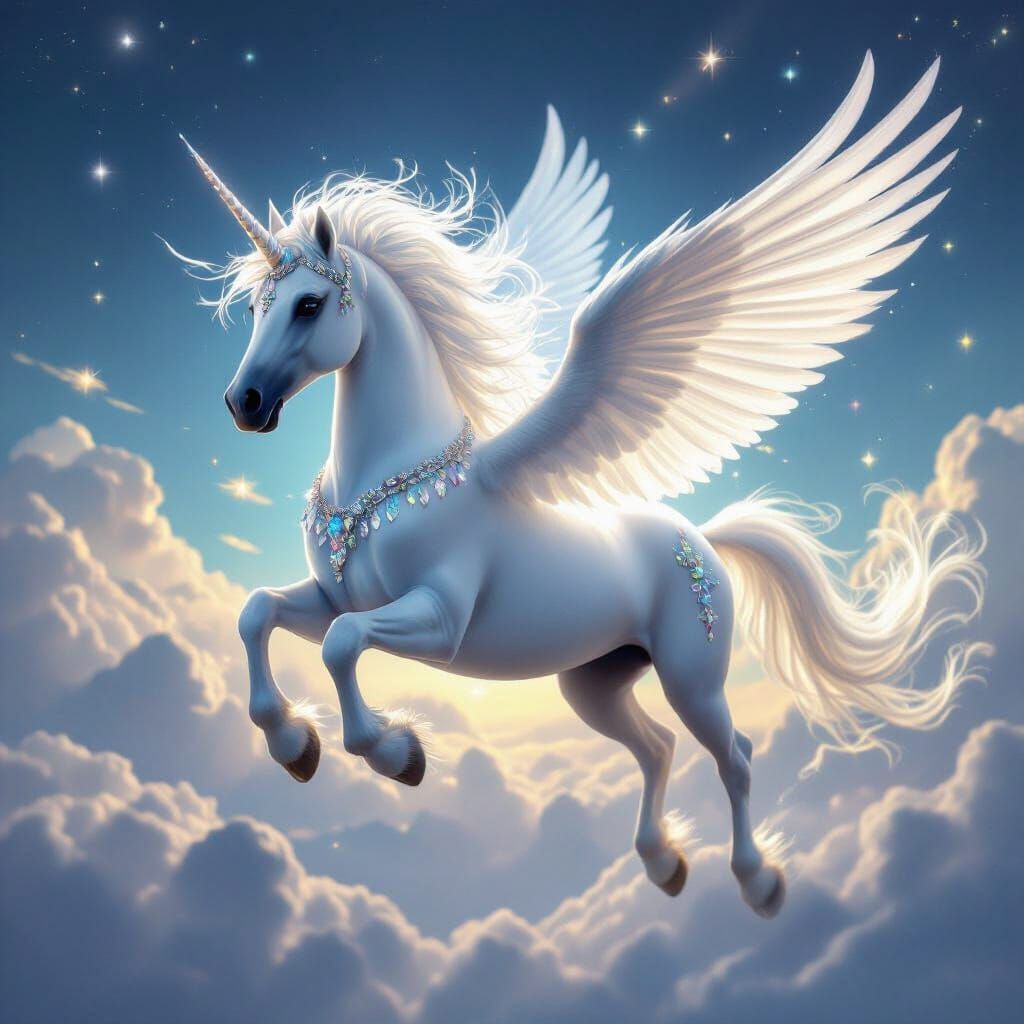 White Pegasus Soars Through Crystal Sky
