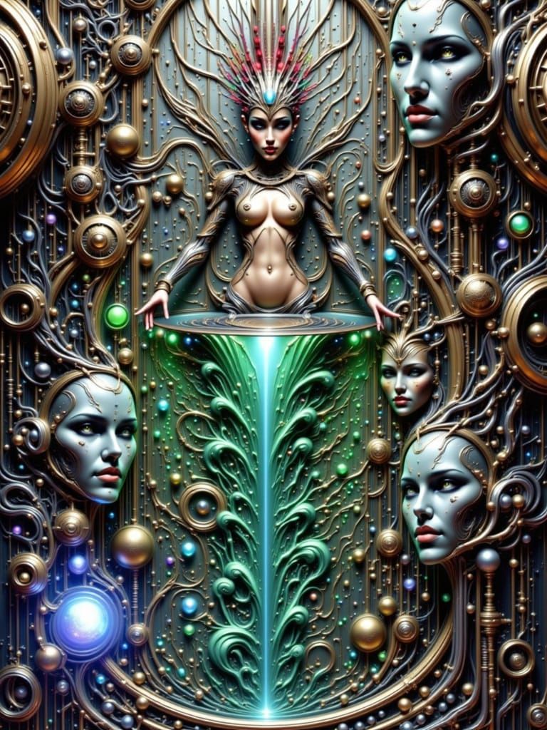 Woman in Tube of Green Waves: Hyperrealistic Future