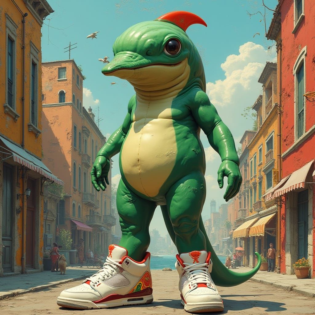 Melon-Dolphin Hybrid in Air Jordans Amidst a Surreal Citysca...