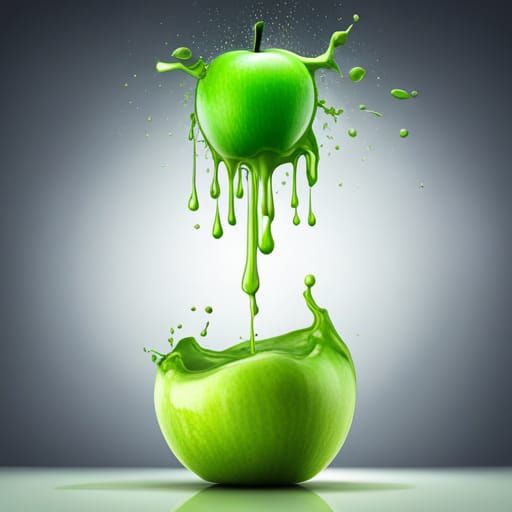 Green Paint Splattered Apples: Hyperrealistic Digital Art