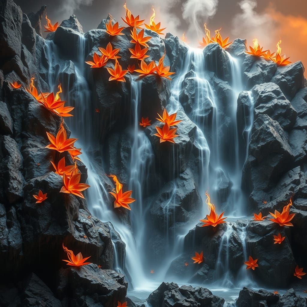 Surreal Rock Formation with Flowing Crystal and Fiery Flower...