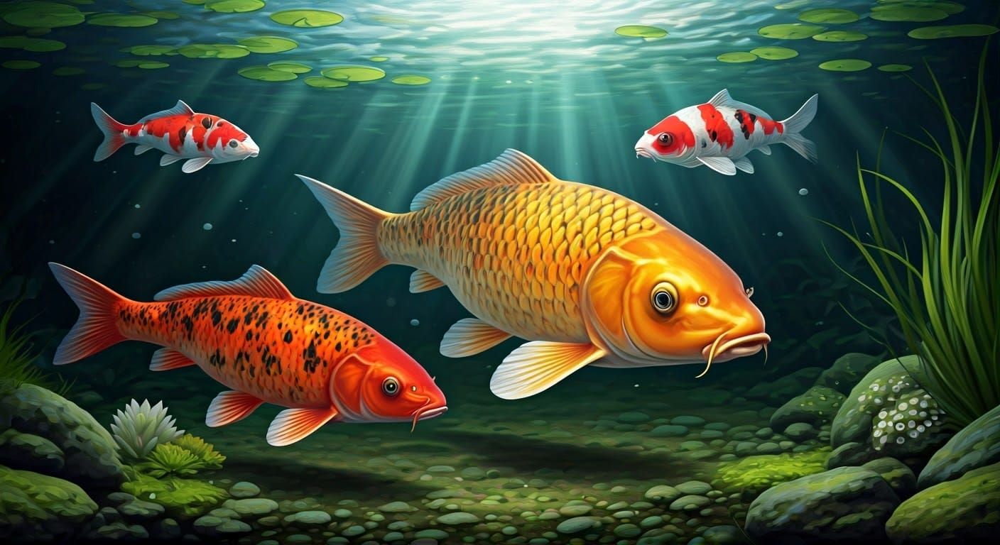 Realistic Japanese Koi Carp in Freshwater Pond Ecosystem
