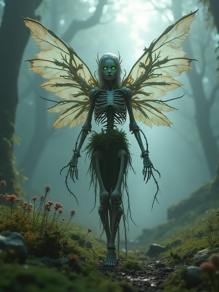 Fantasy Bone Fairy in Misty Forest: CGI Render