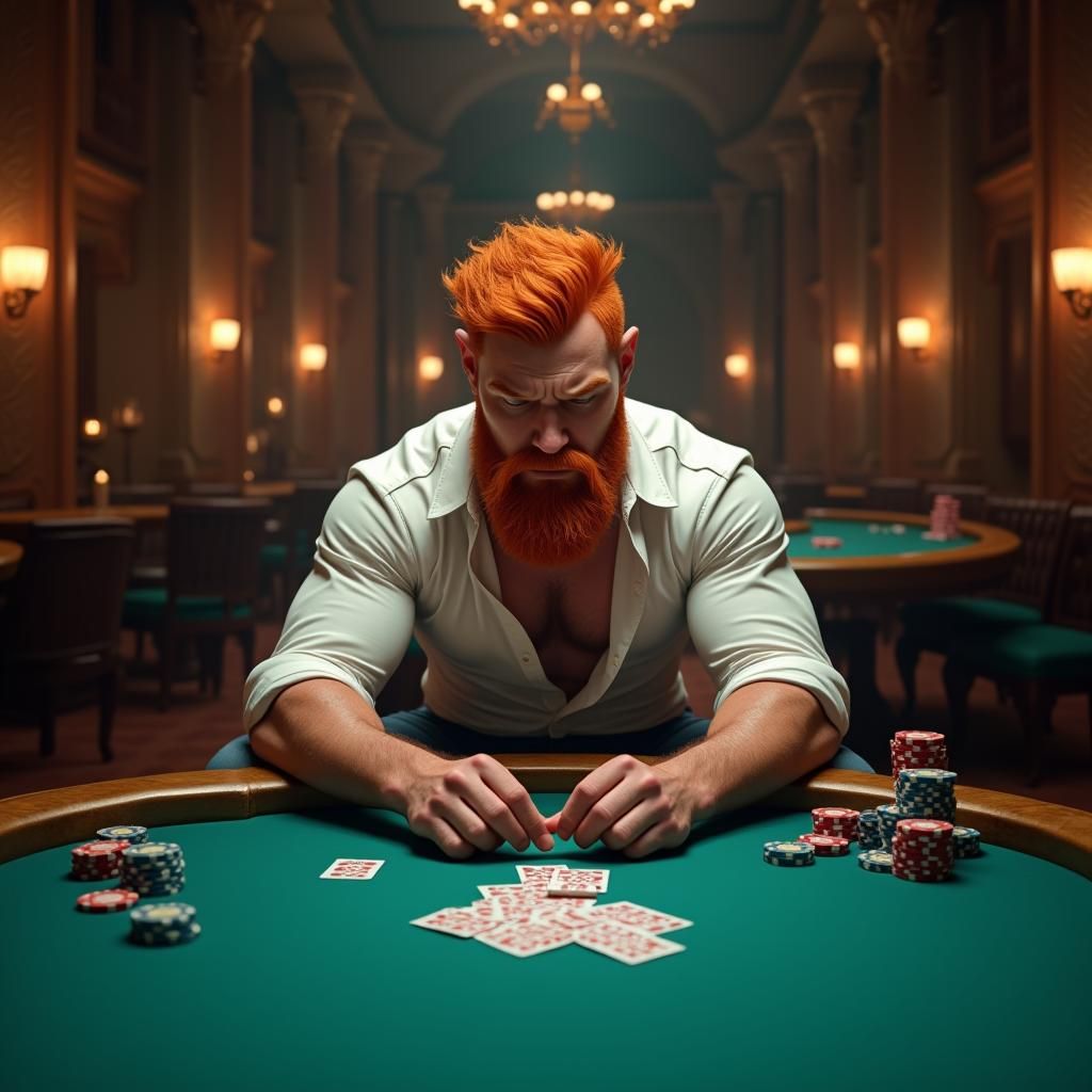 Defeated Ginger Man at Poker Table in Ornate Venue