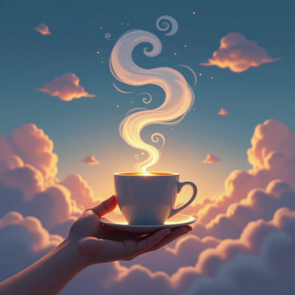 Dreamlike Coffee Cup in a Soft Sky