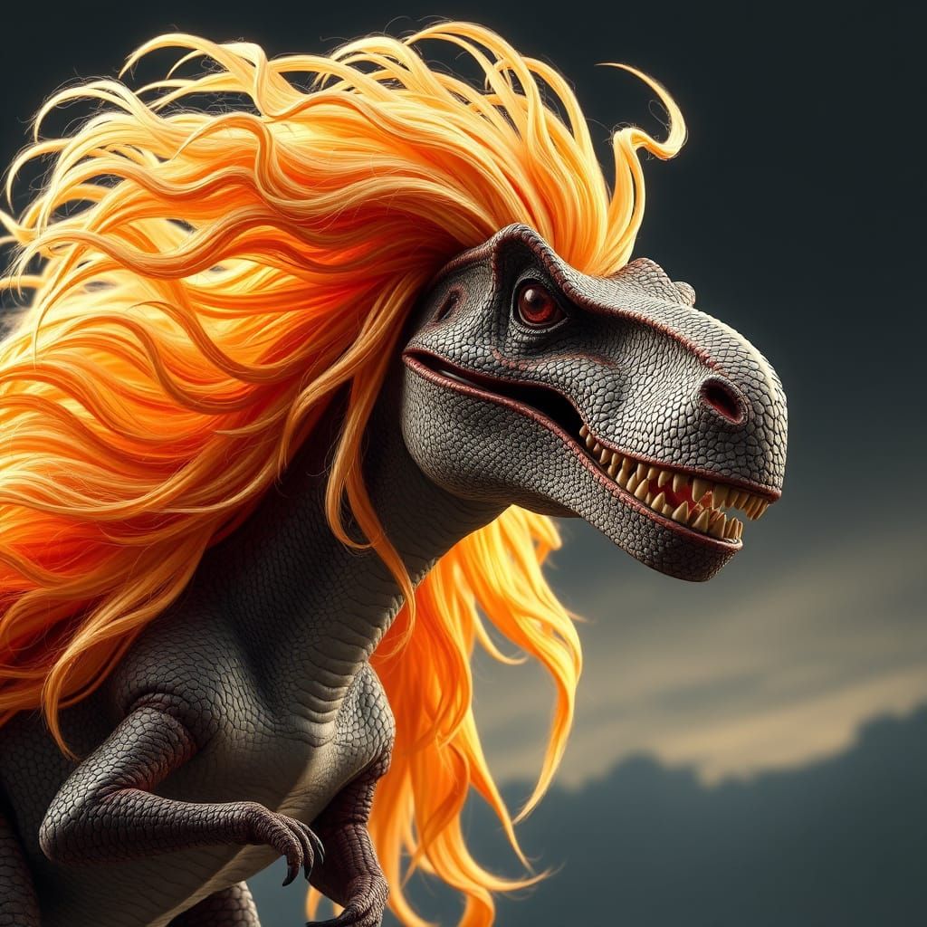 Glamorous Dinosaur with Flowing Hair in Hyperrealistic Photo