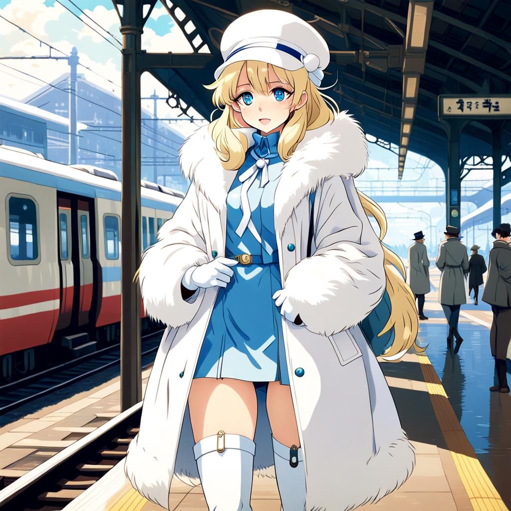 Blonde in Fur at 1960s Train Station: Anime Style
