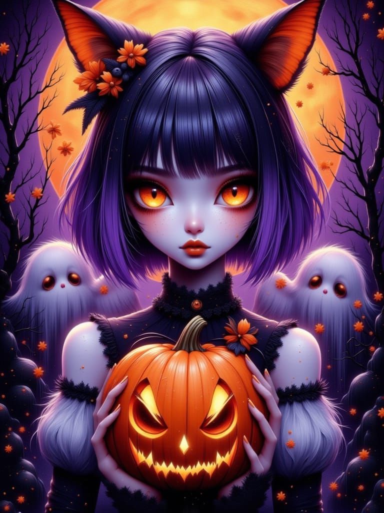 Ghostly Girl with Glowing Pumpkin in Chalk Art Style