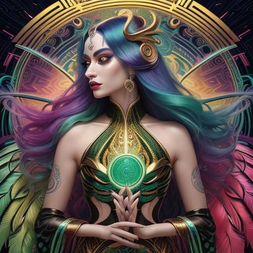 Golden Dragon Serpent Woman in Art Deco Style