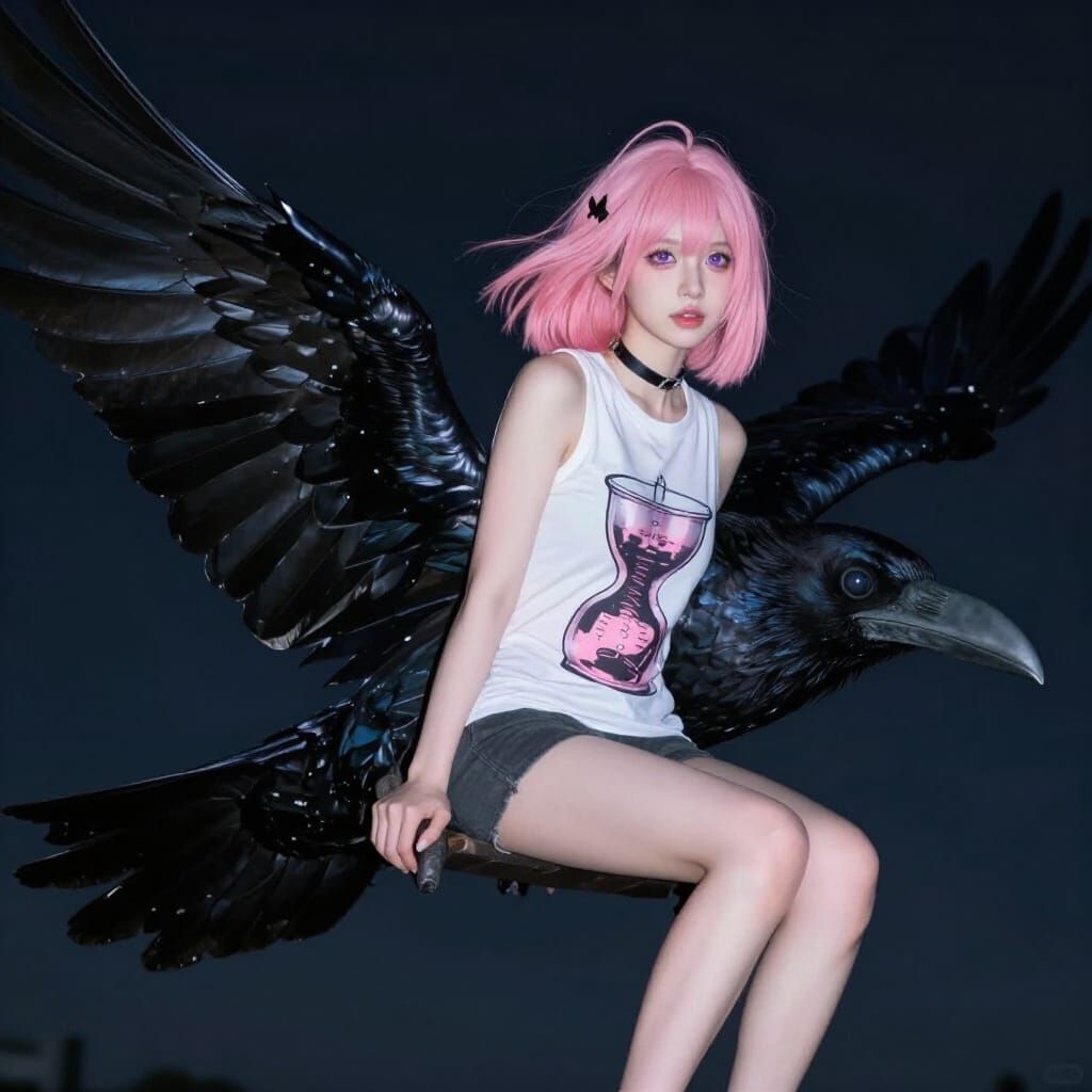 Woman on Giant Raven Over Dark Night