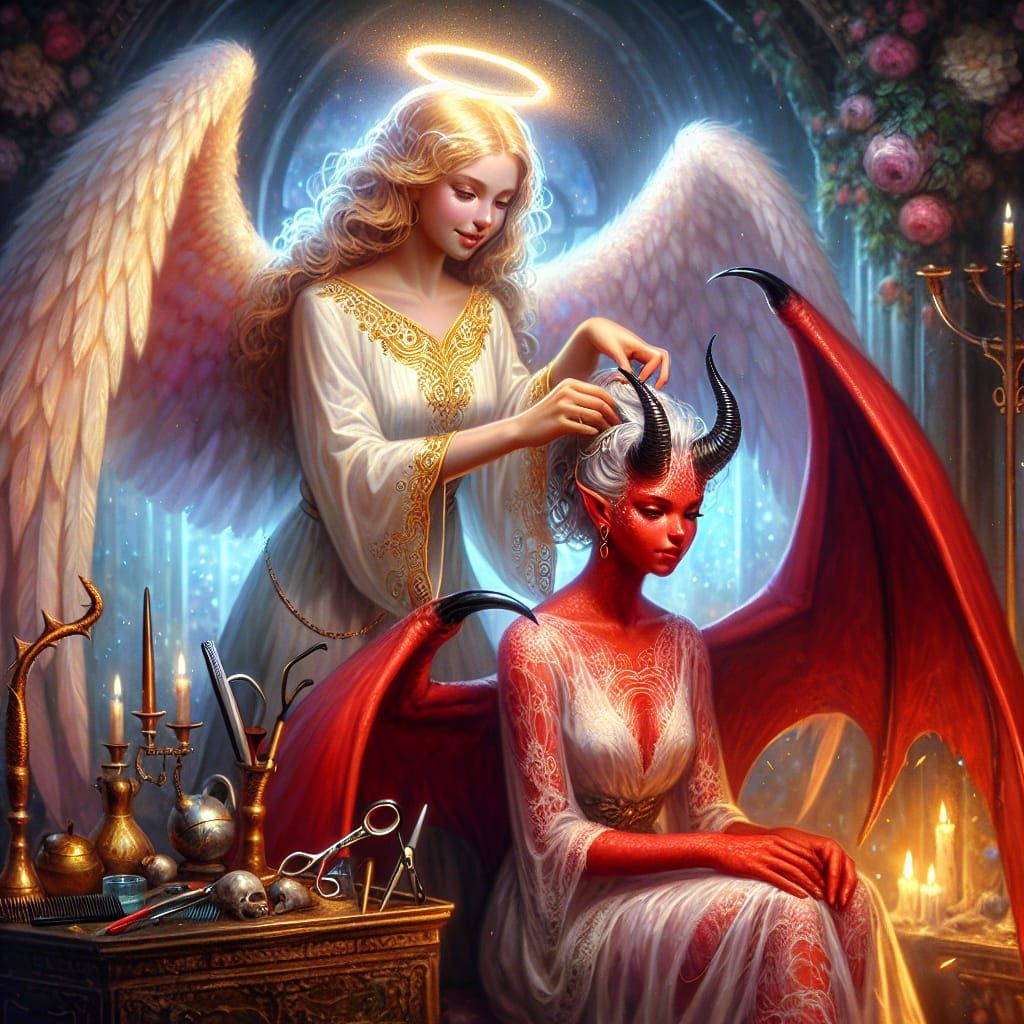 Angelic Woman Tending to Demonic Woman's Horns