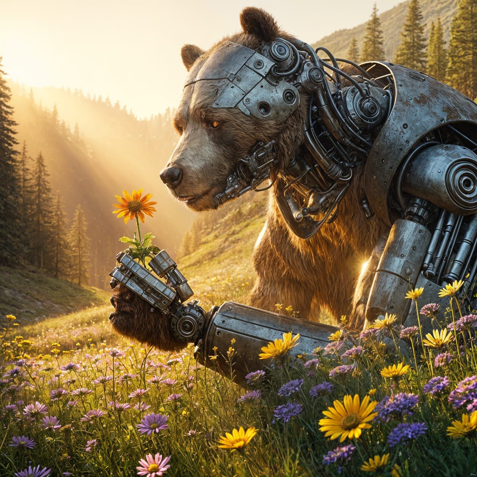 Cyborg Grizzly Smelling a Flower in Meadow
