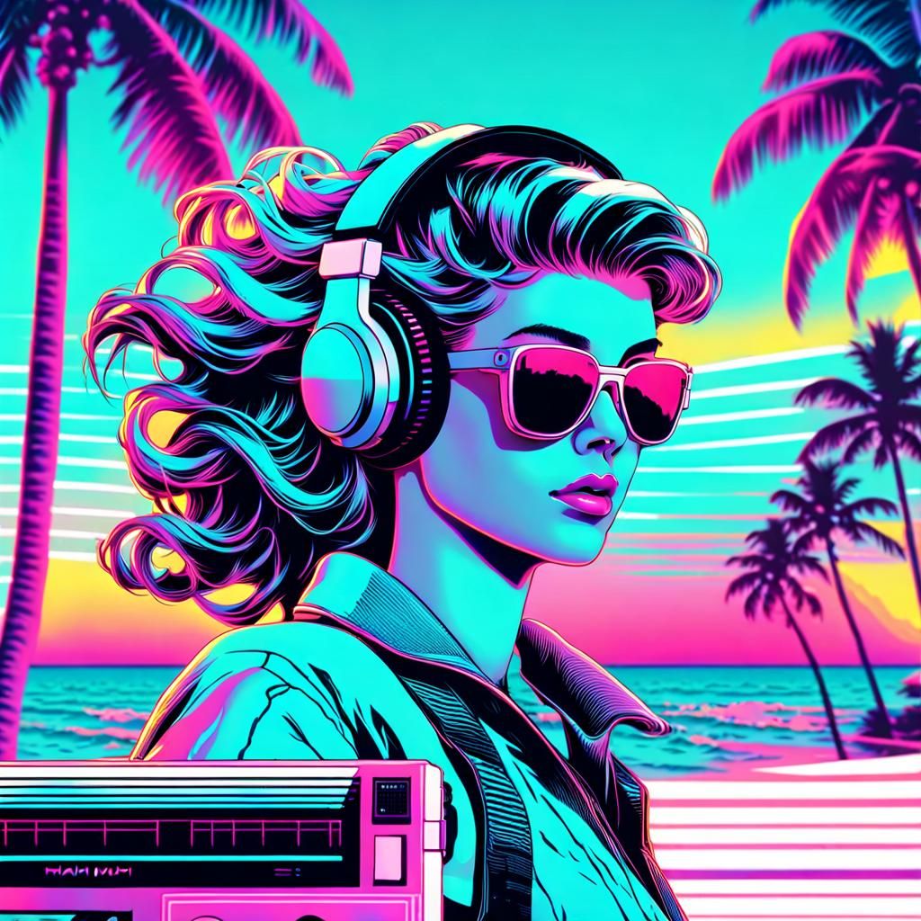 Vaporwave Roller Girl on Miami Beach