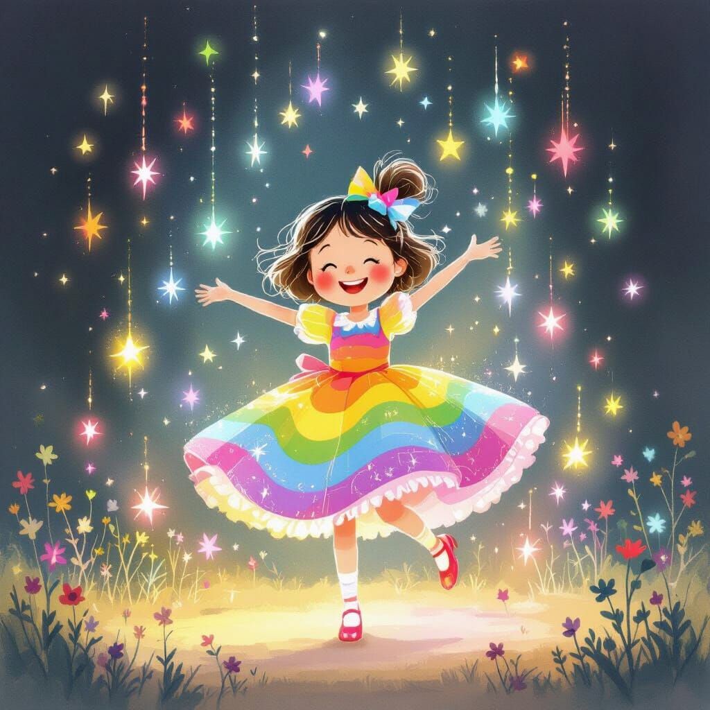 Whimsical Character Dancing in Rainbow Dress with Spectral L...