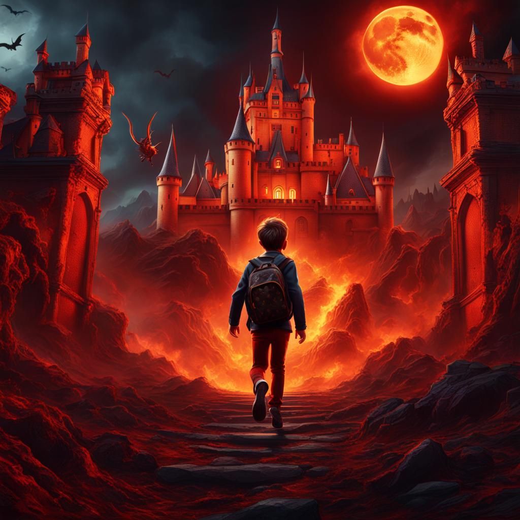 Boy Runs From Demons in Hellscape: Digital Art