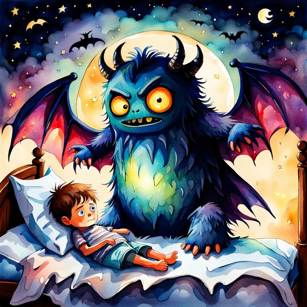 Watercolor Monster Beside Sleeping Child in Nightmare