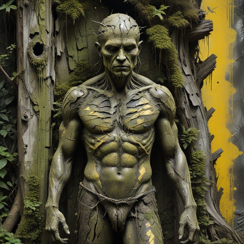 Ancient Totem Figure Awakening in Grayscale