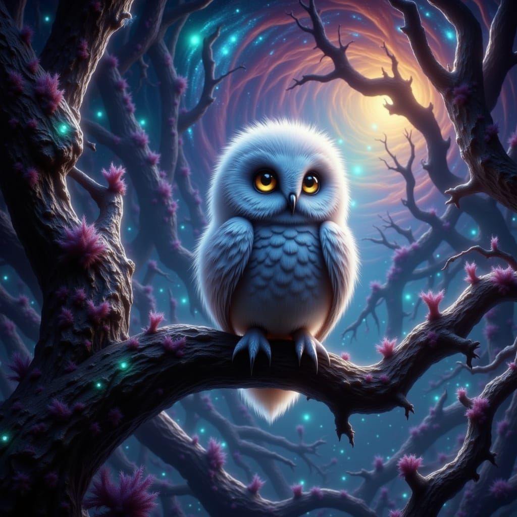 Majestic White Owl in Cosmic Nebula