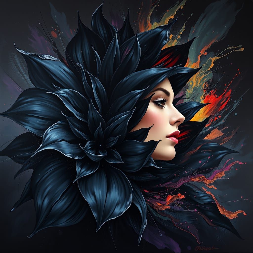 Ethereal Woman Emerges from Black Flowers