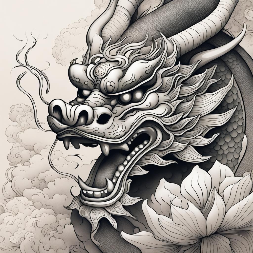 Chinese Dragon and Lotus in 3D Line-Art