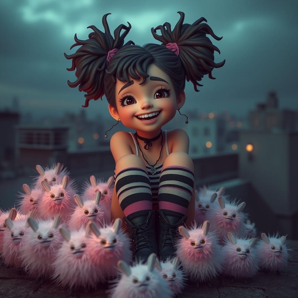 Gothic Woman with Glowing Creatures on Rooftop