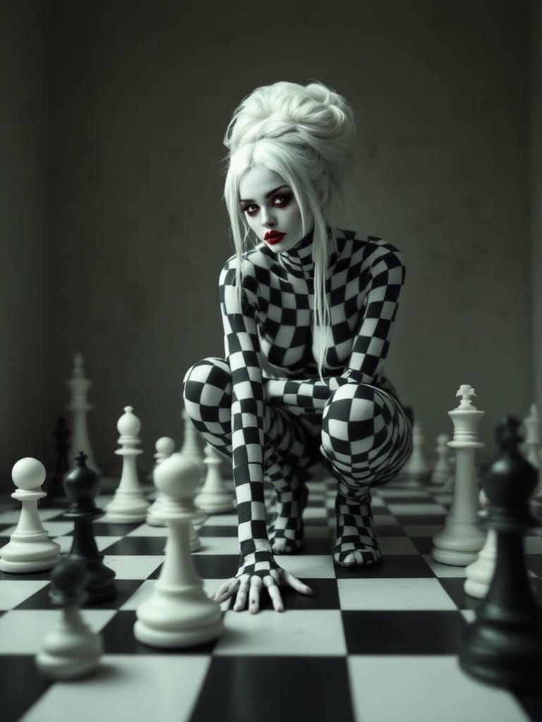Surreal Fashion Metamorphosis on a Chessboard Canvas