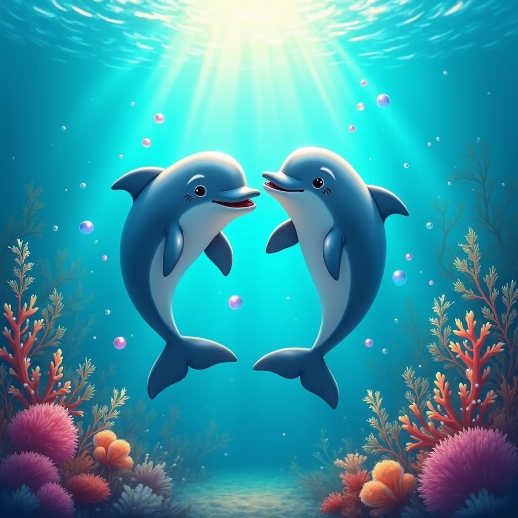 Playful Dolphins in Vibrant Underwater Scene
