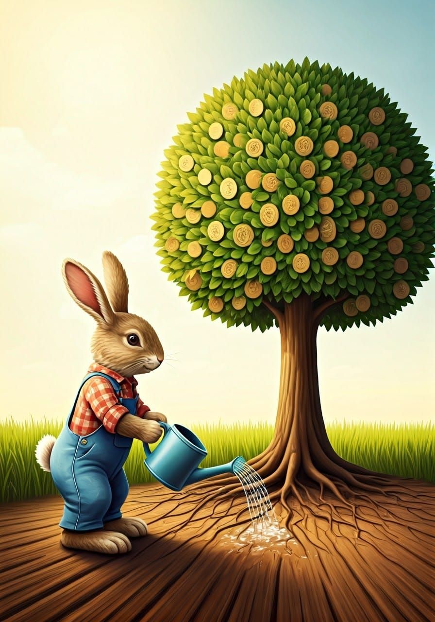 Rustic Rabbit Tends to Enchanted Money Tree in Sunny Afterno...