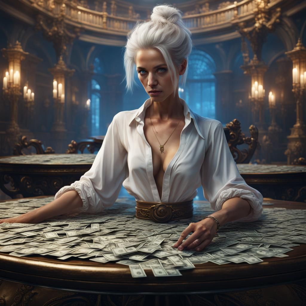 Money on Table with Woman in Detailed Matte Painting