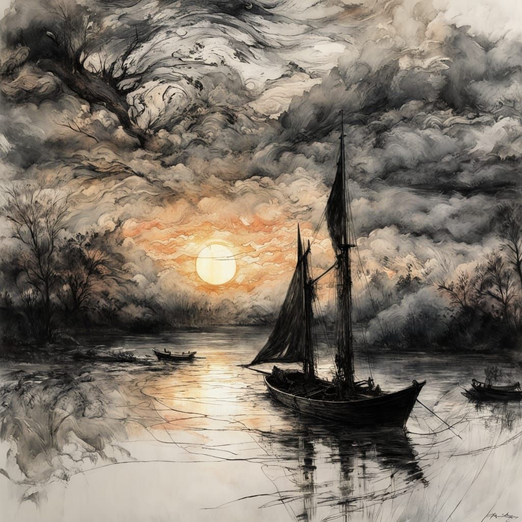 Encaustic Sunset Over Lake in Black and White