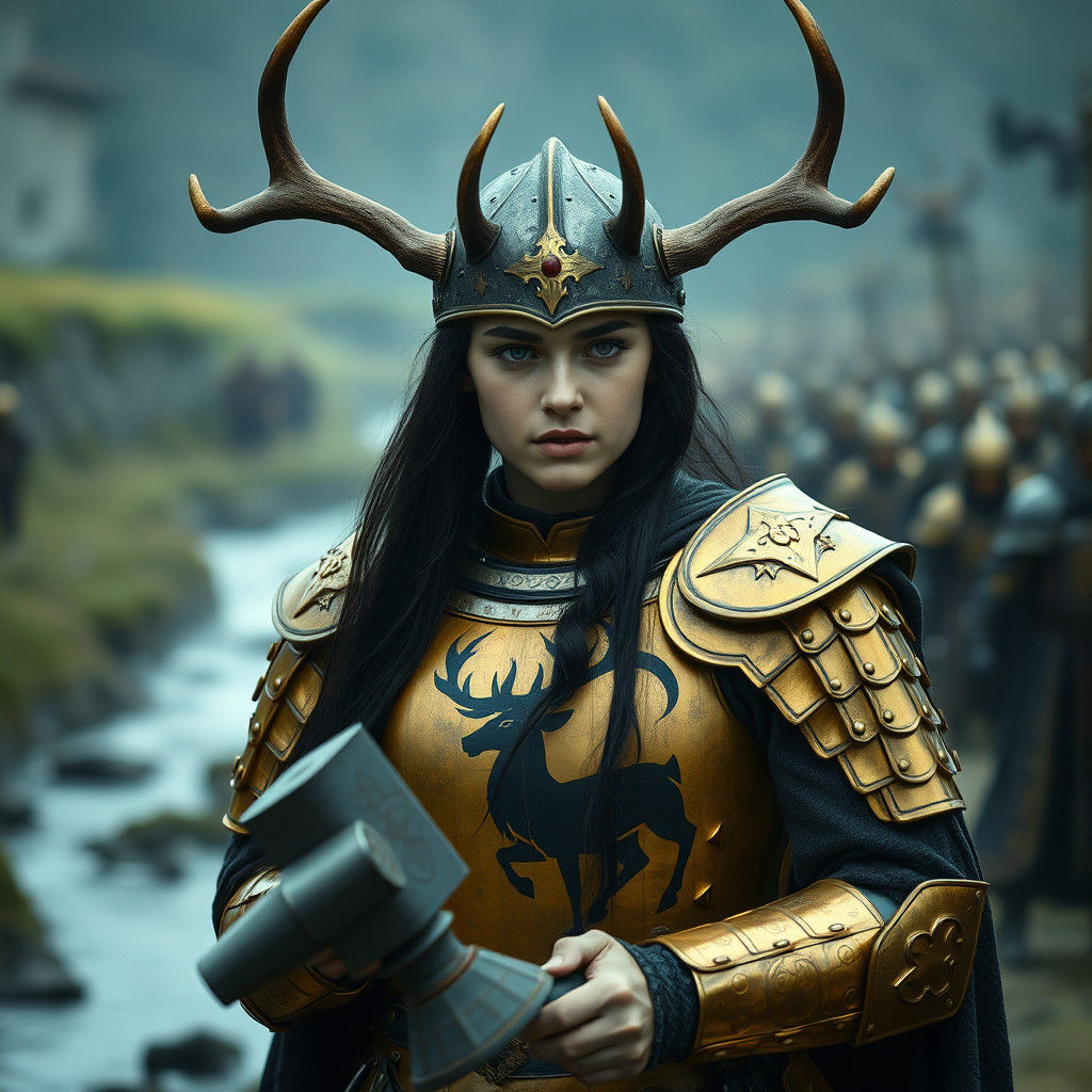 Medieval Princess with Warhammer on Battlefield