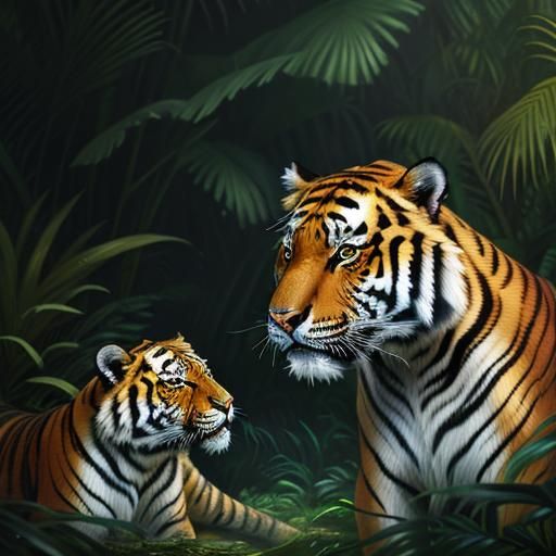 Hyperrealistic Tiger and Cub in Jungle Splash Art